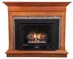 Buck Stove Classic Corner Fireplace Mantel with Model 384 Vent Free Gas Heating Stove