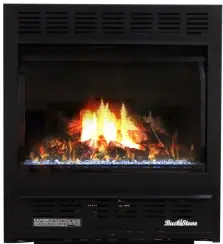 Buck Stove Deluxe Corner Fireplace Mantel with Model 1110 Vent Free Gas Fireplace