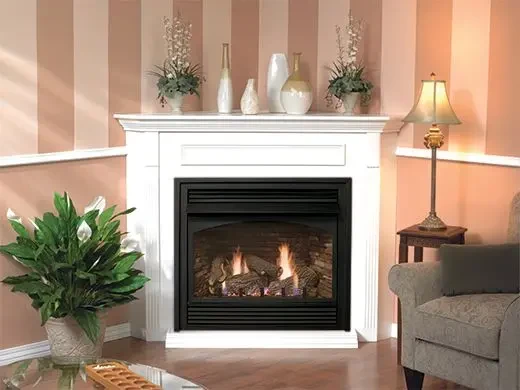 Empire Corner Cabinet Mantel with Base and 26 Inch Vail Vent Free Gas Fireplace- Intermittent Pilot